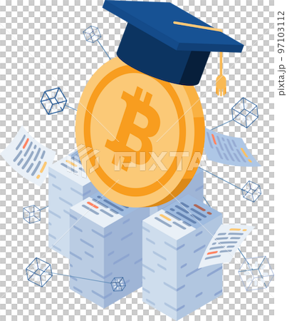 Isometric Bitcoin with Graduate Cap on Stack of Paper 97103112
