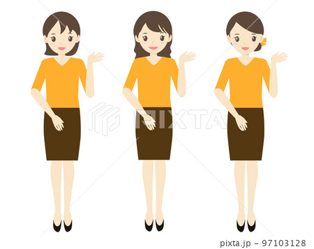 ヘアスタイル違いの女性の全身のイラストセット ヘアスタイル違いの女性の全身のイラストセット 97103128