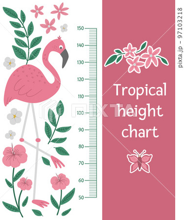Vector cute height chart with pink flamingo, tropical leaves and butterfly. Funny wall decoration with exotic bird. Bright flat picture for children. Jungle summer meter poster for kids 97103218
