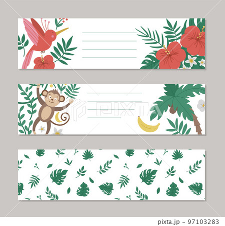 Set of vector summer horizontal layout card templates with tropical animals, plants, flowers, fruit. Funny exotic pre-made designs with cute jungle characters and pattern. 97103283