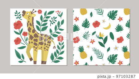 Set of vector summer pre-made designs with tropical animal, plants and flowers. Funny exotic square gift card templates with cute jungle characters. Giraffe with leaves and hibiscus flowers 97103287