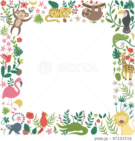 Vector square frame with cute exotic animals, leaves, flowers, fruits isolated on white background. Funny banner design with tropical birds and plants. Jungle summer card template 97103518