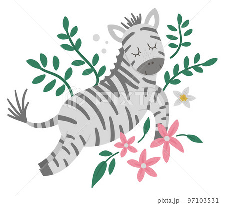 Vector cute composition with zebra, tropical leaves and flowers. Funny exotic African animal illustration. Bright flat picture for children. Jungle summer clip art 97103531