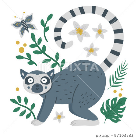 Vector cute composition with lemur, tropical leaves and butterfly. Funny tropical exotic animal illustration. Bright flat picture for children. Jungle summer clip art 97103532