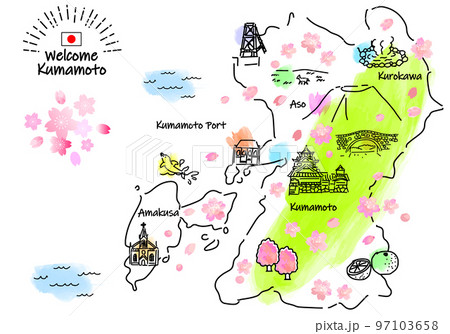 春の熊本の観光地のシンプル線画イラストマップ（緑） 97103658