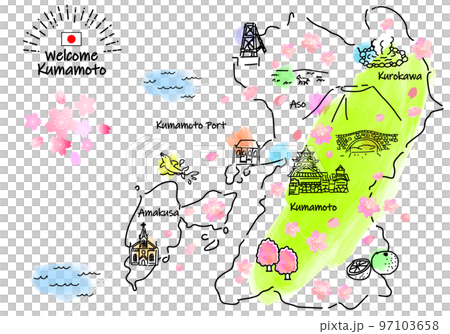 春の熊本の観光地のシンプル線画イラストマップ（緑） 97103658