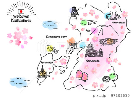 春の熊本の観光地のシンプル線画イラストマップ（ピンク） 97103659