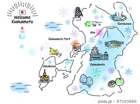 冬の熊本の観光地のシンプル線画イラストマップ 97103660