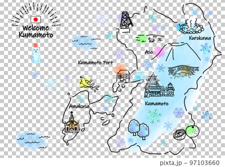 冬季熊本旅遊景點簡筆劃插畫圖 97103660