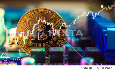 Cryptocurrency concept , Golden bitcoin on winners cup background mainboard , The future of money. Computational equipment. Cryptocurrency concept , Golden bitcoin on winners cup background mainboard , The future of money. Computational equipment. 97103987