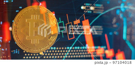 Cryptocurrency concept , Golden bitcoin on winners cup background mainboard , The future of money. Computational equipment. Cryptocurrency concept , Golden bitcoin on winners cup background mainboard , The future of money. Computational equipment. 97104018