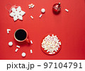 Christmas or winter composition. Cup with coffee, marshmallows and Christmas decor. Flat lay 97104791