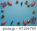 Flat lay composition with gift boxes and christmas decor on blue background 97104793