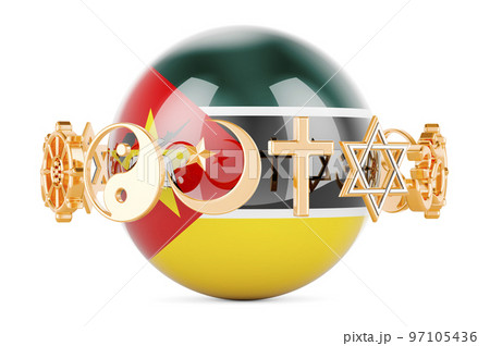 Mozambican flag painted on sphere with religions symbols around, 3D rendering Mozambican flag painted on sphere with religions symbols around, 3D rendering 97105436