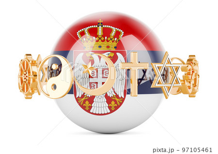Serbian flag painted on sphere with religions symbols around, 3D rendering Serbian flag painted on sphere with religions symbols around, 3D rendering 97105461