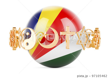 Seychelloise flag painted on sphere with religions symbols around, 3D rendering 97105462