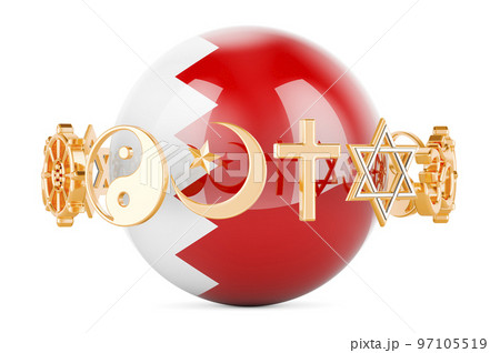 Bahraini flag painted on sphere with religions symbols around, 3D rendering Bahraini flag painted on sphere with religions symbols around, 3D rendering 97105519