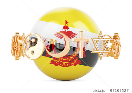 Bruneian flag painted on sphere with religions symbols around, 3D rendering 97105527