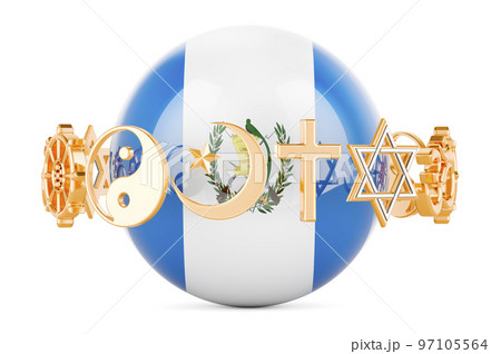 Guatemalan flag painted on sphere with religions symbols around, 3D rendering Guatemalan flag painted on sphere with religions symbols around, 3D rendering 97105564