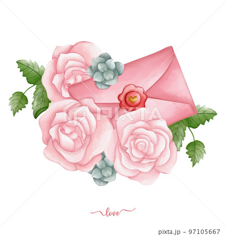 Bouquet of Rose with envelope hand drawn illustration for Valentine 97105667