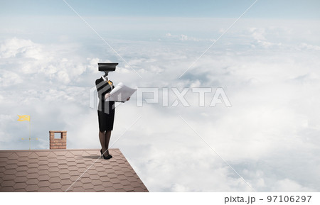 Concept of security and privacy protection with camera headed woman Concept of security and privacy protection with camera headed woman 97106297