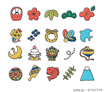 手描きのお正月アイコンセット（線画・カラー）01 97107576