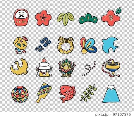 手描きのお正月アイコンセット（線画・カラー）01 97107576