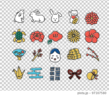 手描きのお正月アイコンセット(線画・カラー)02 手描きのお正月アイコンセット(線画・カラー)02 97107580