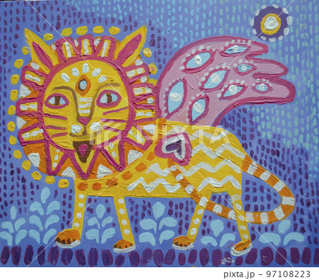 Stylized yellow hot lion with wings on blue violet Stylized yellow hot lion with wings on blue violet 97108223