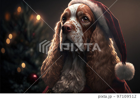 cocker spaniel dog santa claus dressed for christmas illustration generative ai cocker spaniel dog santa claus dressed for christmas illustration generative ai 97109512