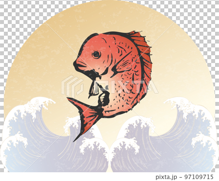 Japanese style illustration of ink painting sea bream and waves 97109715