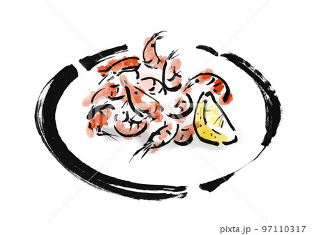 焼き小エビの手描き和風イラスト素材 焼き小エビの手描き和風イラスト素材 97110317