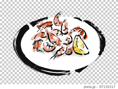 焼き小エビの手描き和風イラスト素材 焼き小エビの手描き和風イラスト素材 97110317