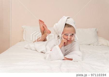 Smiling smile Creek elbows coffee thinks copyspace bathrobe white cute, for morning dressing from pretty for beauty person, little baby. Care health fashion, Smiling smile Creek elbows coffee thinks copyspace bathrobe white cute, for morning dressing from pretty for beauty person, little baby. Care health fashion, 97110394