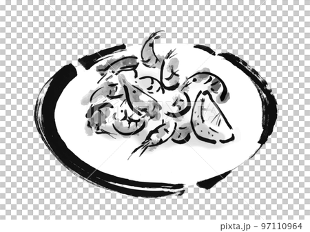 Hand-drawn Japanese-style illustration material of grilled shrimp Black and white, monochrome, single color, 97110964