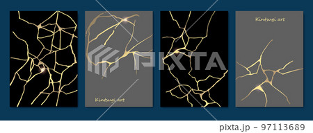 Kintsugi art style template. A4 design poster Abstract golden crack texture pattern on grey backdrop. Japanese vintage traditional craft Gold craquelure circle background. Vector illustration 97113689