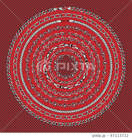 Border pattern with retro hand-drawn sketch silver chain on dark red background. Tranding drawing print for scarf or bandana. 97113722