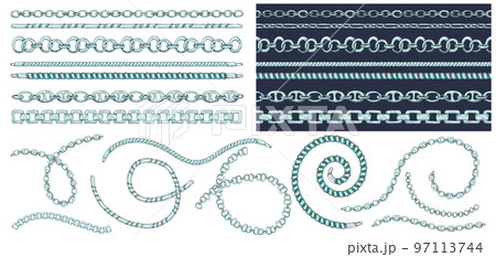 Set of brush patterns with retro hand-drawn sketch silver chain on dark background. Drawing engraving texture. Great design for fashion, textile, decorative frame, yacht style card. 97113744