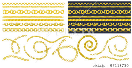 Set of brush patterns with retro hand-drawn sketch golden chain on dark background. Drawing engraving texture. Great design for fashion, textile, decorative frame, yacht style card. 97113750