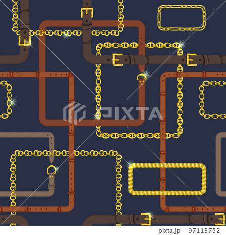 Seamless pattern with realistic hand drawn golden chains and brown leather belt Doodle sketch on dark blue background Square luxury ornament for fabric fashion design, web banner 97113752
