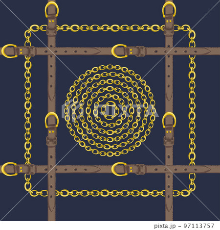 Seamless pattern with realistic hand drawn golden chains and brown leather belt Doodle sketch on dark blue background Square luxury ornament for fabric fashion design, web banner 97113757