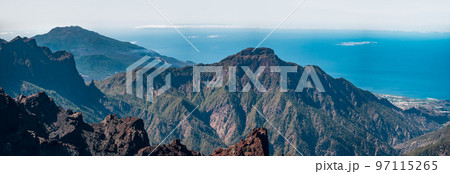 Bejenado mountain peak in Taburiente caldera with cumbre vieja volcano 97115265