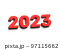 Red inscription 2023 on a white background. Happy new year concept. 3D rendering. 97115662