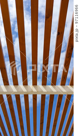 Blue sky through wooden roof beams Blue sky through wooden roof beams 97116966