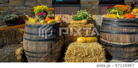 Autumn installations hay flowers and pumpkins 97116967