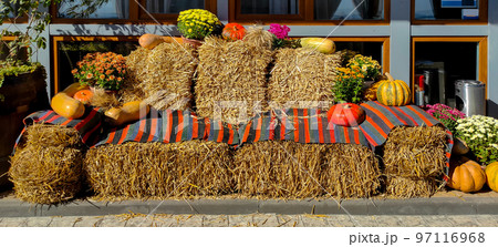 Autumn installations hay flowers and pumpkins Autumn installations hay flowers and pumpkins 97116968