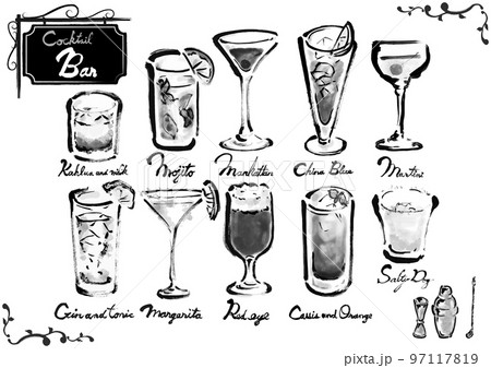 いろんなカクテルの手描きイラストセット 白黒,モノクロ,単色, いろんなカクテルの手描きイラストセット 白黒,モノクロ,単色, 97117819