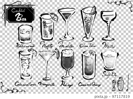 いろんなカクテルの手描きイラストセット 白黒,モノクロ,単色, いろんなカクテルの手描きイラストセット 白黒,モノクロ,単色, 97117819
