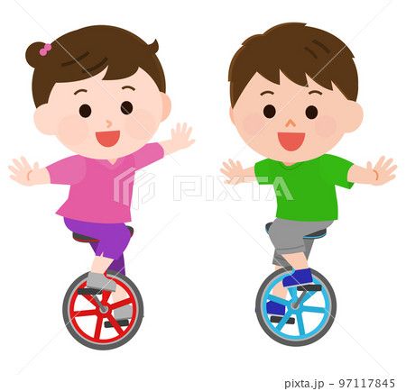 一輪車に乗る女の子と男の子　イラスト 97117845