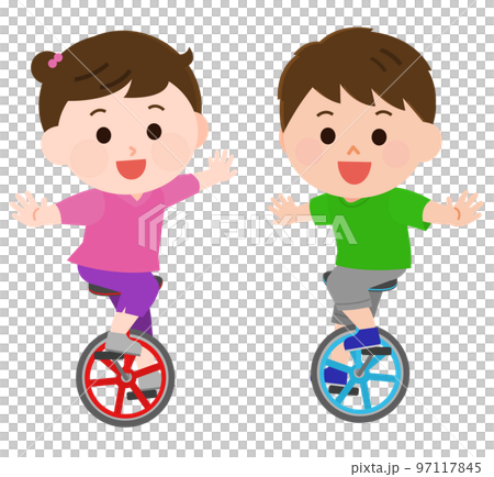 Illustration of a girl and a boy riding a unicycle 97117845